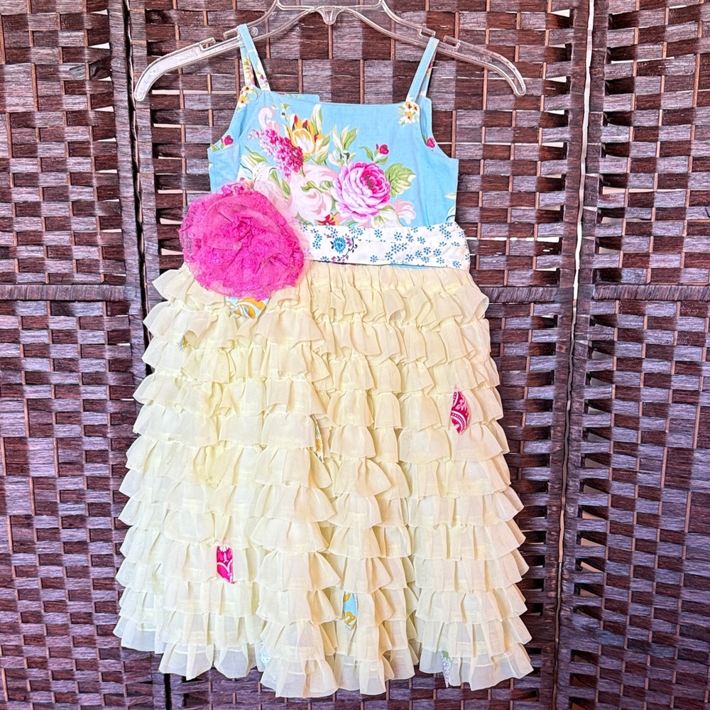 Girls 4 Moxie & Mabel Floral Dress with tulle Ruffles aqua yellow pink EUC